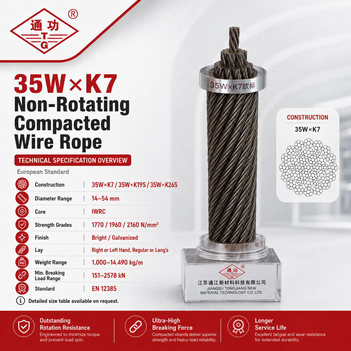 35W×K7 Non-Rotating Compacted Wire Rope | European Standard