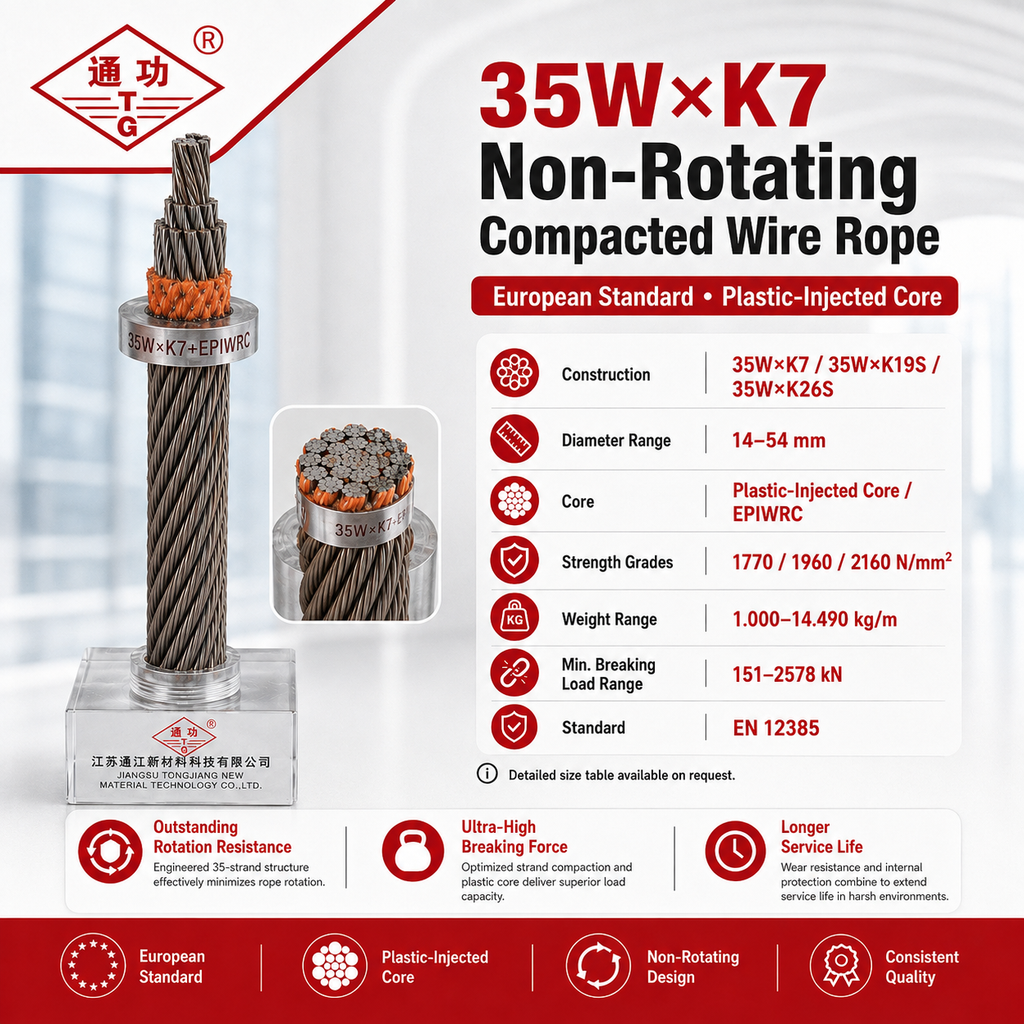 35W×K7 Non-Rotating Compacted Wire Rope | European Standard & Plastic-Injected Core