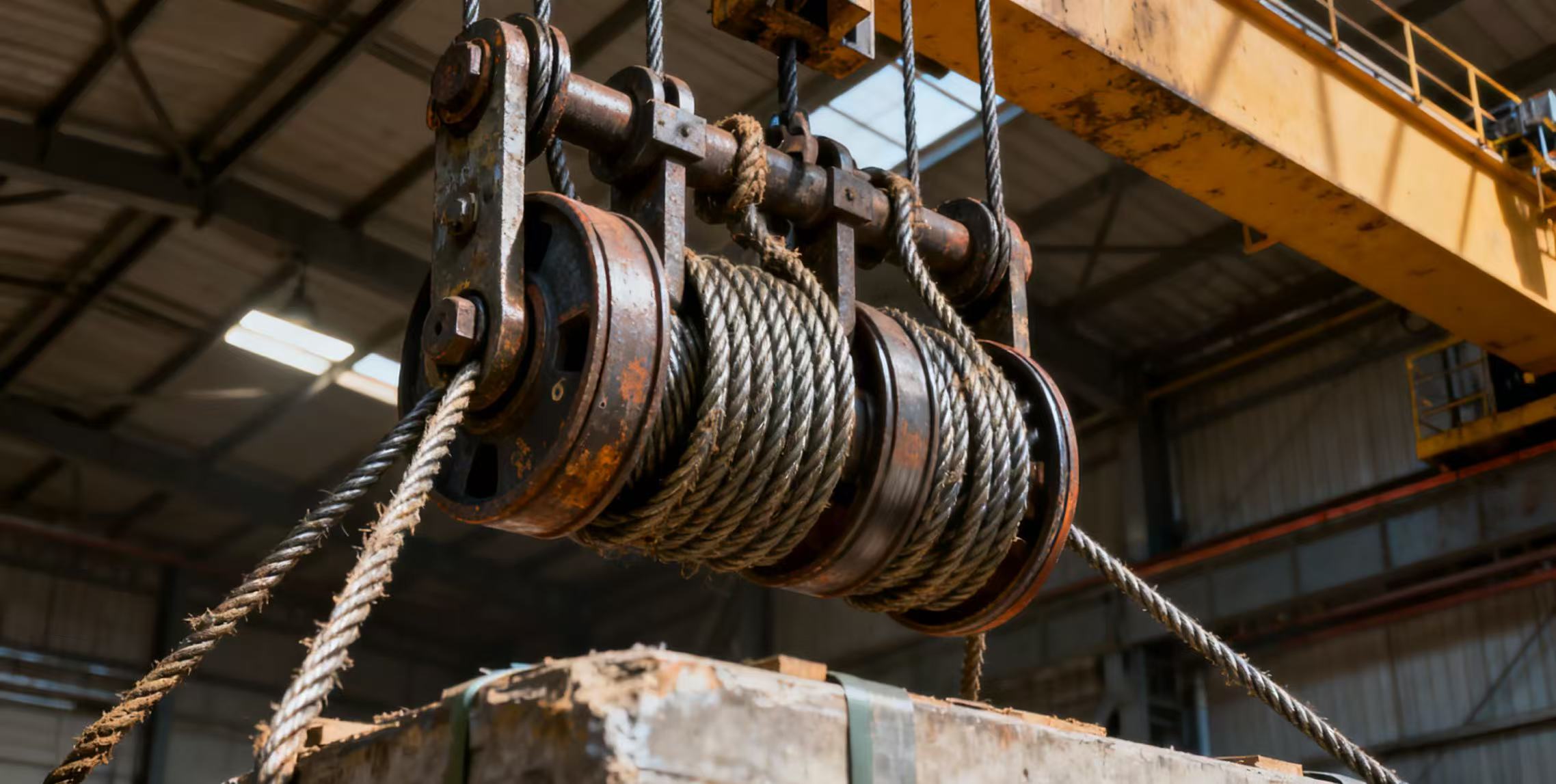 A heavy-duty steel cable winch or hoist roller suspended by cables in an industrial workshop setting, lifting a concrete block.