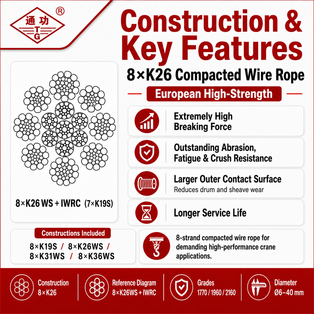 8×K26 Compacted Wire Rope | European High-Strength