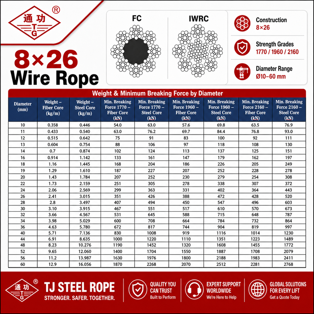 8×26 Wire Rope – Fiber Core / Steel Core (IWRC)
