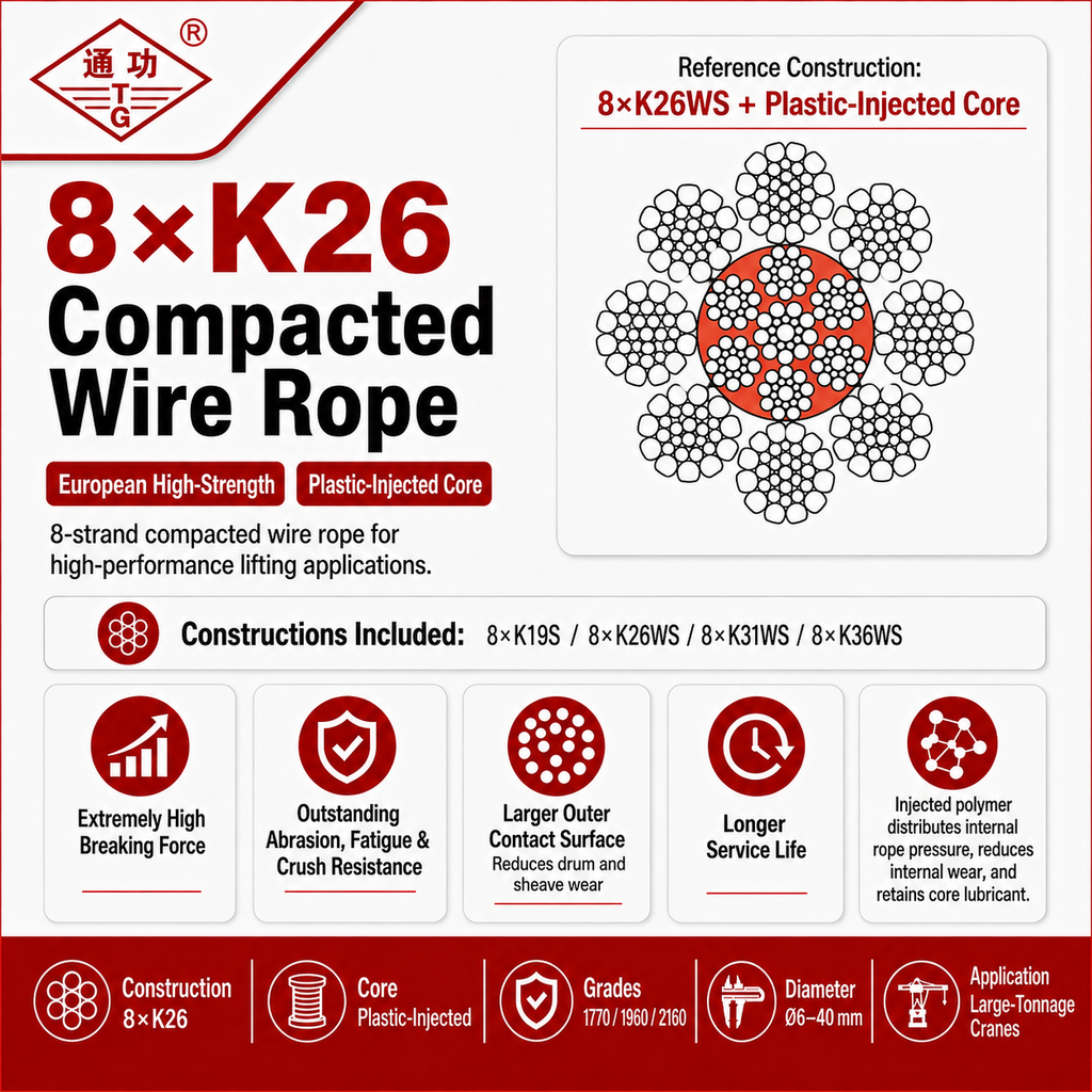 8×K26 Compacted Wire Rope | European High-Strength & Plastic-Injected Core
