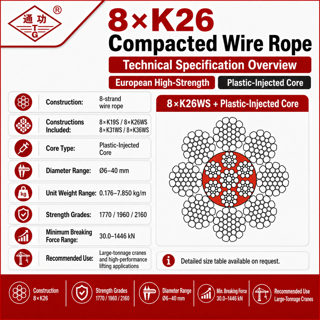 8×K26 Compacted Wire Rope | European High-Strength & Plastic-Injected Core