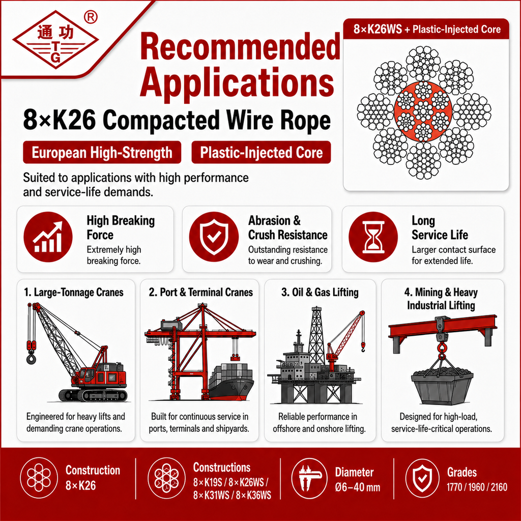 8×K26 Compacted Wire Rope | European High-Strength & Plastic-Injected Core