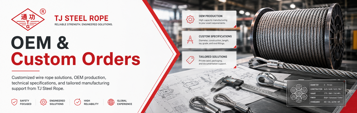 Promotional banner for TJ Steel Rope featuring a large spool of black steel rope, a close-up of the rope texture, and a factory interior in the background. The left side includes text reading 'OEM & Custom Orders' and product feature icons.