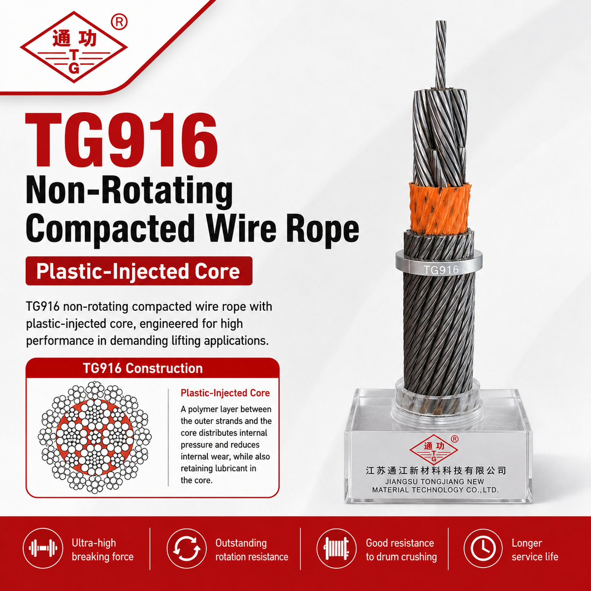 TG916 Non-Rotating Compacted Wire Rope | Plastic-Injected Core