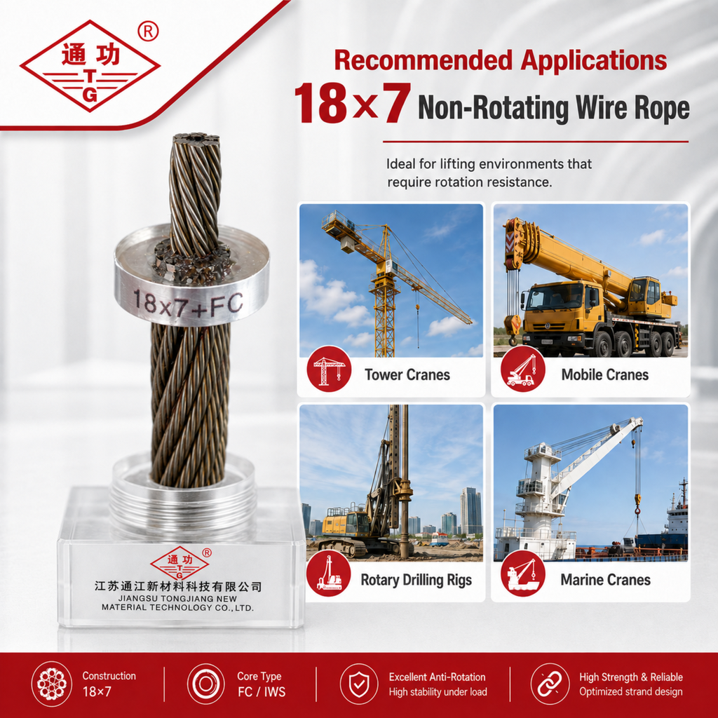 A promotional product graphic for a 18x7 non-rotating wire rope. The main subject is a close-up of the twisted wire rope core with a silver ring labeled '18x7+FC' mounted on a clear display stand.