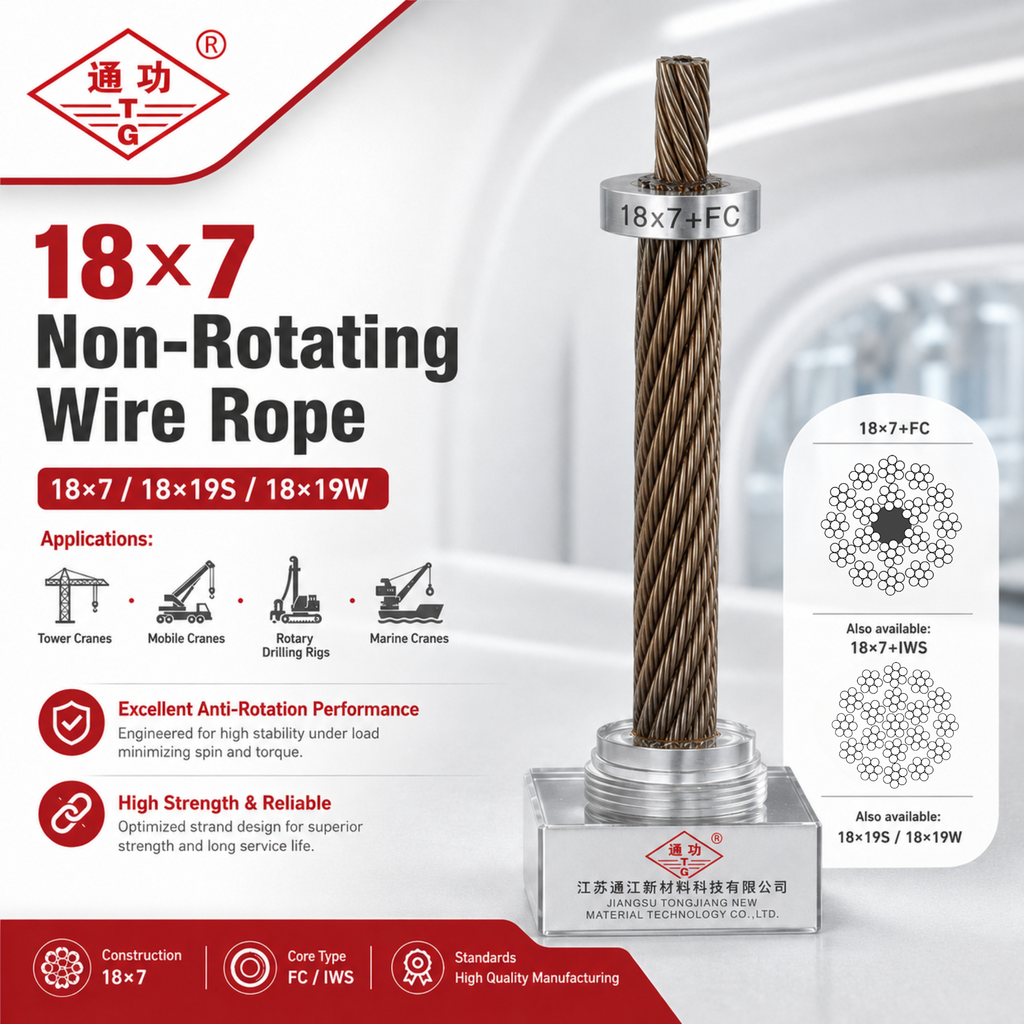 A promotional product graphic for 18x7 non-rotating wire rope. The main subject is a single twisted wire rope sample mounted in a metal holder and clear base, with text callouts, application icons for cranes, and a white variant info panel on the right.