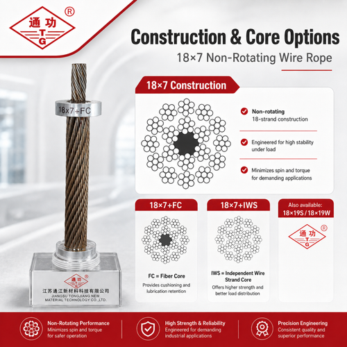 Technical product information graphic for 18x7 non-rotating wire rope construction options, showing a close-up of the wire rope, a sample spool, and explanatory diagrams for 18x7 construction, 18x7+FC, and 18x7+IWS on a white and red layout.