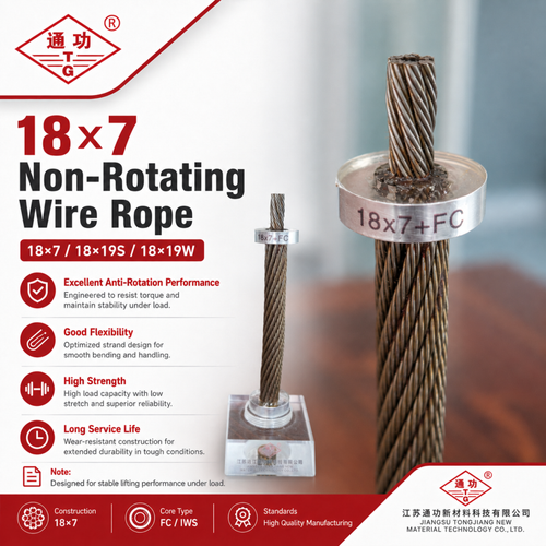 Promotional product graphic for 18x7 non-rotating wire rope, showing two close-up views of the cable with a metal sheath labeled 18x7+FC. The left side contains product specs and benefits in Chinese, including excellent anti-rotation performance, good flexibility, high strength, and long service life.