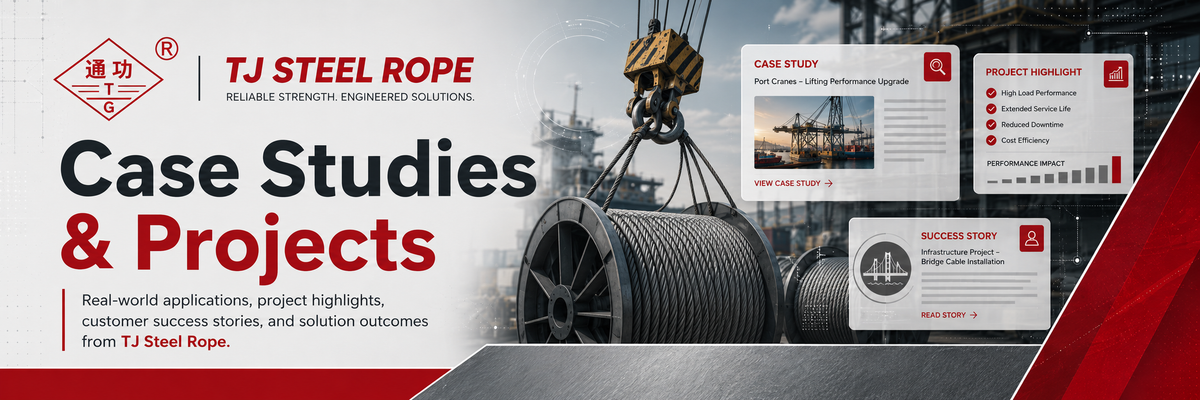 A promotional banner for TJ Steel Rope featuring large text reading 'Case Studies & Projects,' a red logo, and a right-side industrial scene with a crane lifting a spool of rope and several presentation-style project cards.