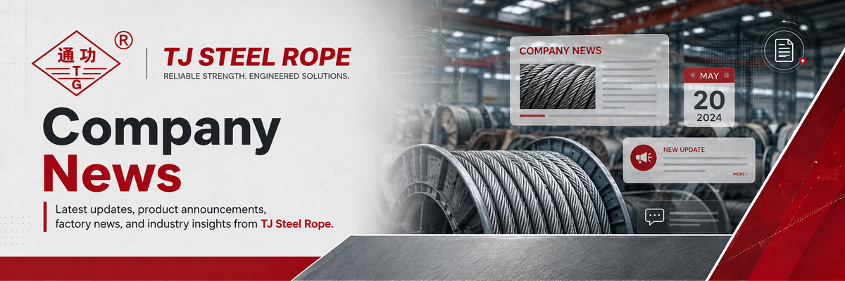 A promotional banner for TJ Steel Rope featuring the company logo, 'Company News' text, and a mockup of a digital news feed overlaying a blurred industrial scene of steel ropes.