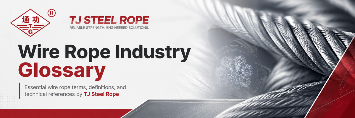A promotional graphic banner for 'Wire Rope Industry Glossary' by TJ Steel Rope, featuring the company logo, title text, and a close-up background image of steel wire rope strands.